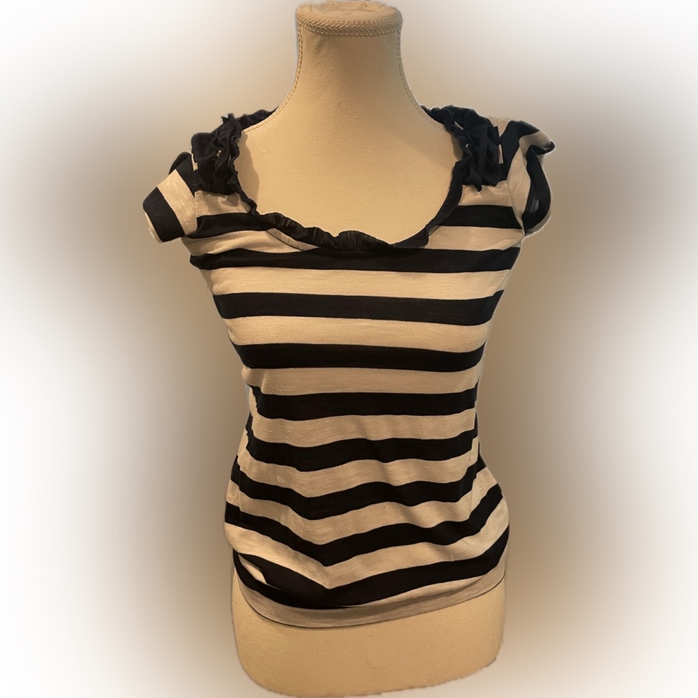 Self esteem Navy/white Stripe Top With Back Ruffle Detail Small